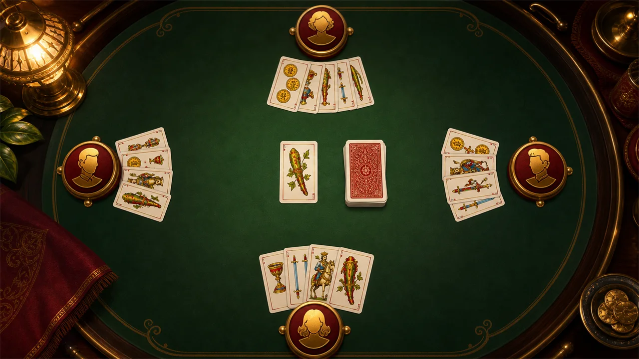 A Brisca table with four players, the deck and the trump card